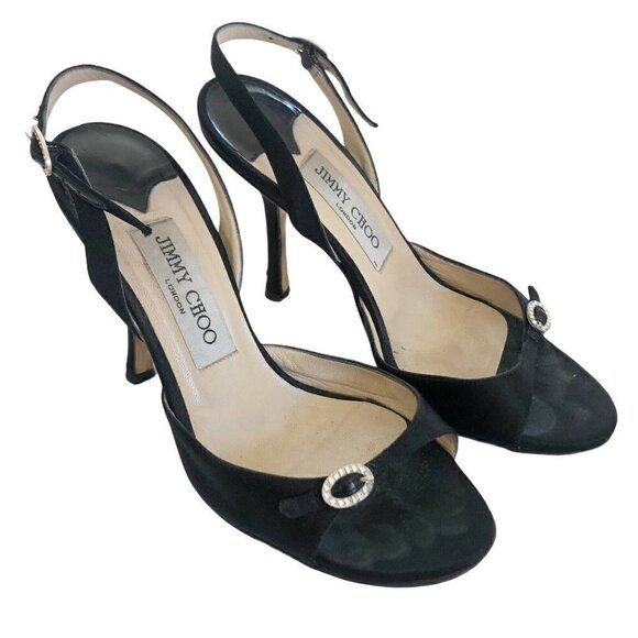 Jimmy Choo London Black Satin Evening Slingback Heels Rhinestones Sz 36 US 5.5 - Picture 1 of 12